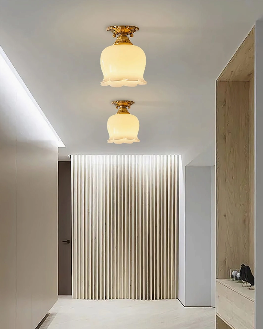 Close-up of Morup beige resin shade with sculptural scalloped petal edges and warm light diffusion