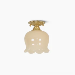 Morup tulip flush mount ceiling lamp with polished brass canopy and beige resin sculptural petal shade, overhead product view