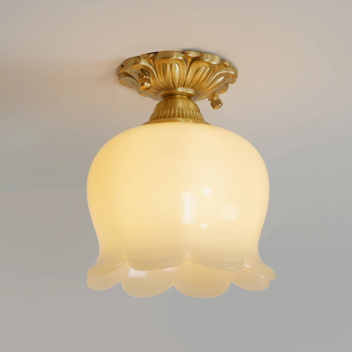 Morup ceiling lamp fixture with warm translucent beige resin showing light glow and botanical form