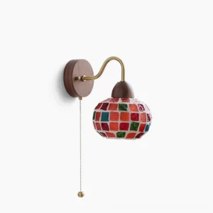 Mosaic Glass Wall Lamp with vibrant red, orange, green, and blue color-block tiles on walnut wood base - front view on white background
