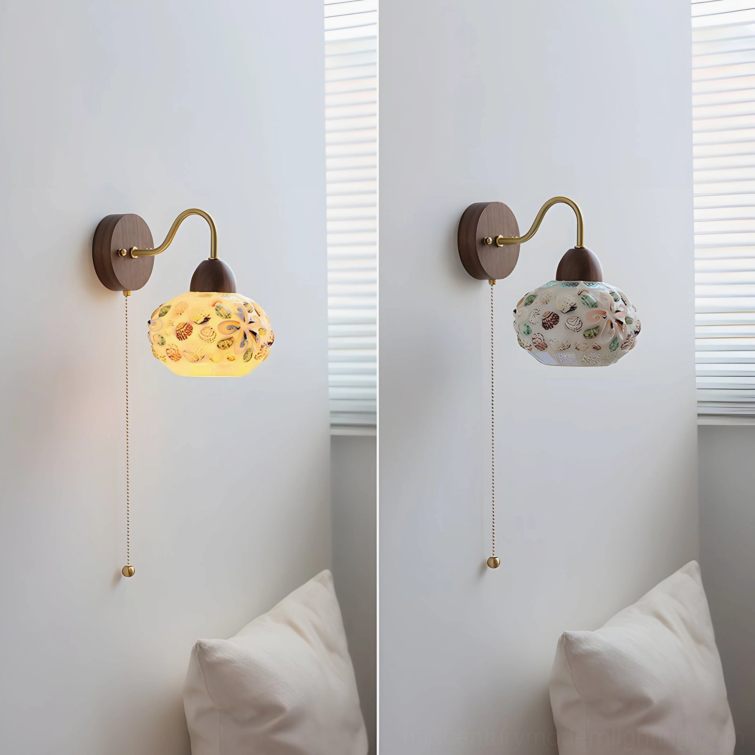 Full view of mosaic glass wall lamp installed as bedroom accent with warm jewel-toned illumination and vintage aesthetic