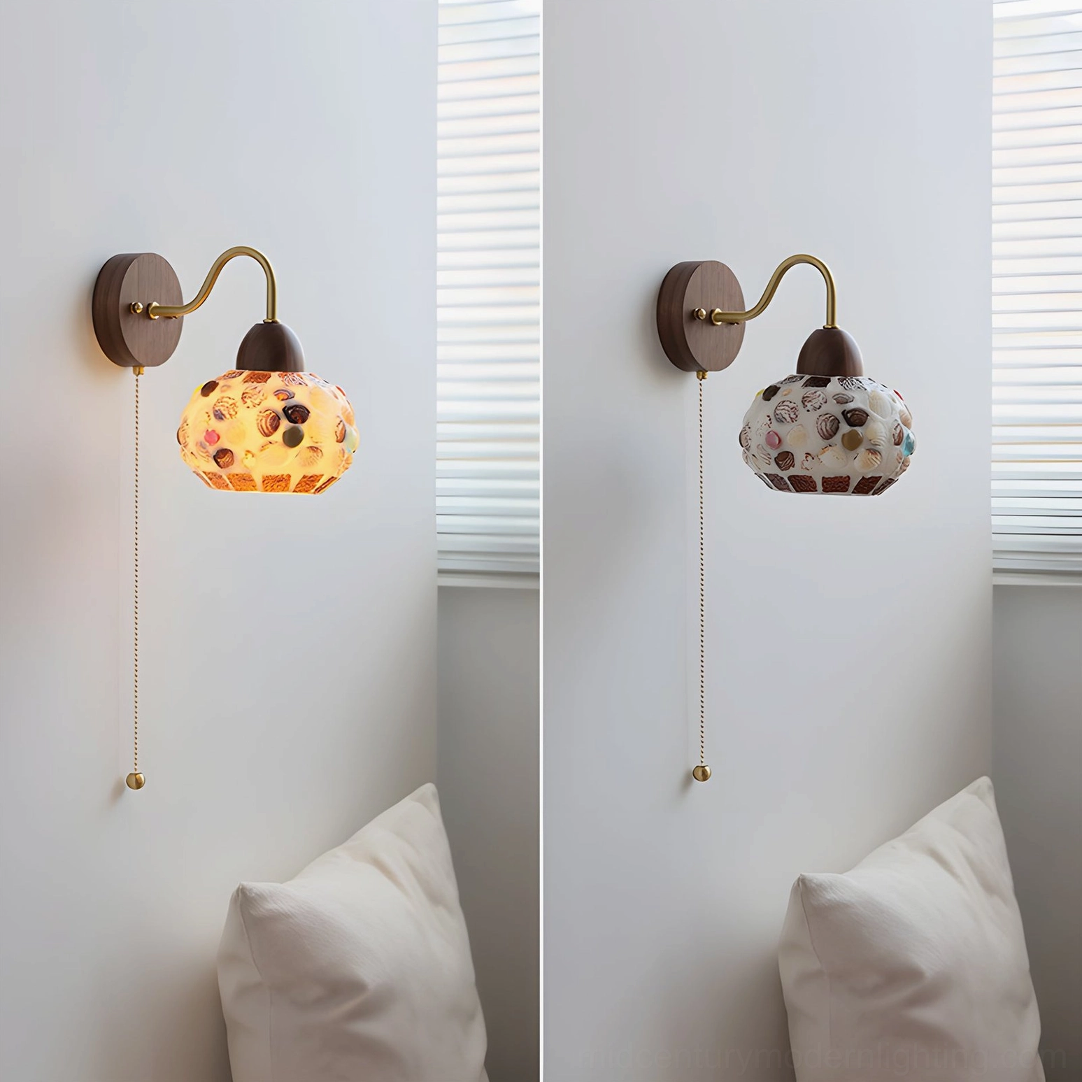 Mosaic wall lamp showing detailed glass tile pattern with multiple color options and warm illumination effect