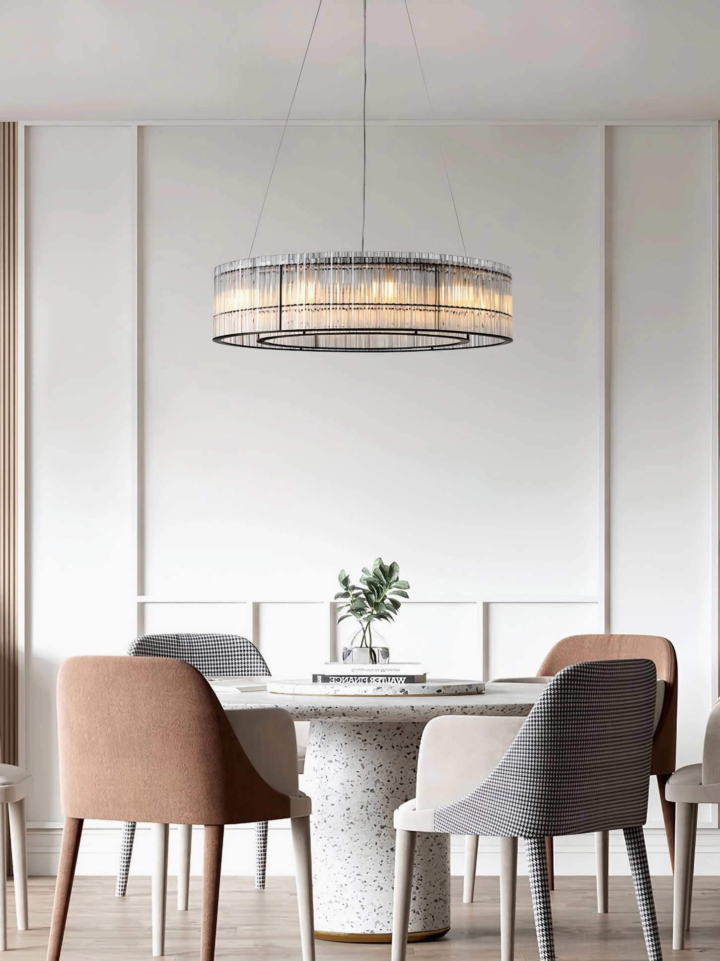 Mossi glass chandelier wide dining room perspective formal dining space upholstered chairs contemporary luxury lighting installation