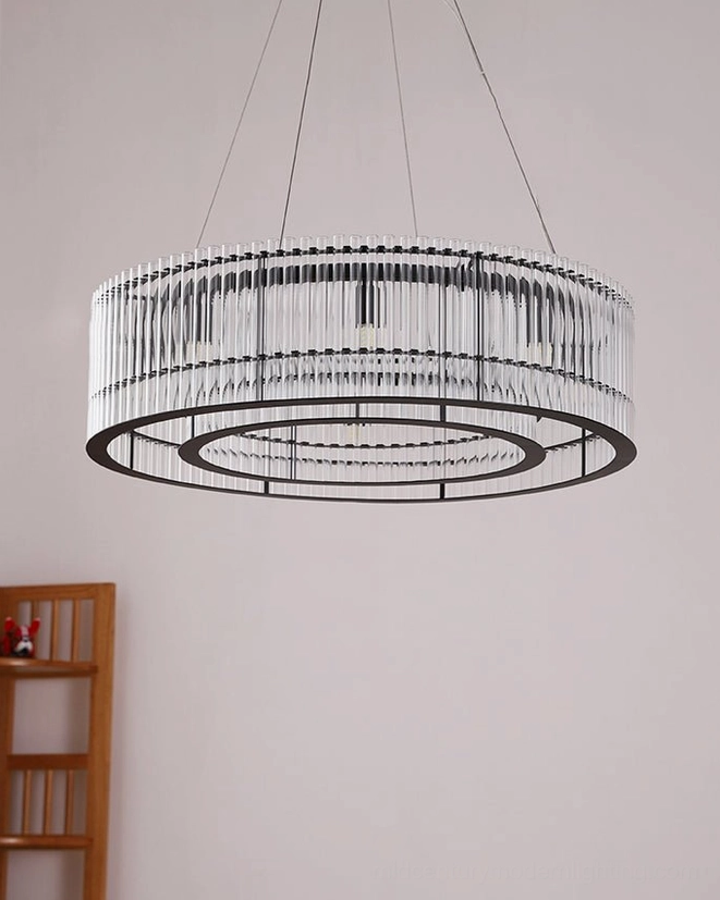 Mossi glass chandelier artistic view circular frame vertical glass rods light refraction modern minimalist design elements