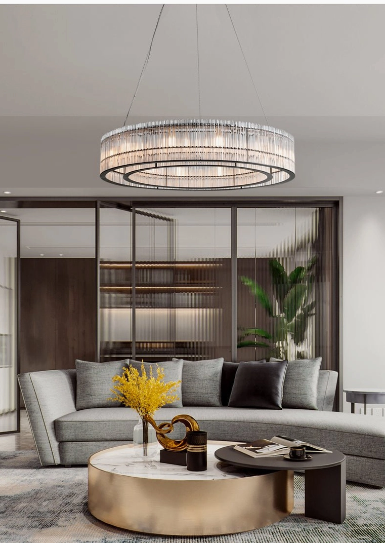 Mossi glass chandelier wide living room view open-plan living space sectional sofa overhead modern luxury lighting fixture
