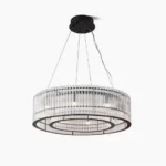 Mossi modern glass chandelier overhead view studio photography showcasing circular black metal frame with vertical clear glass rods