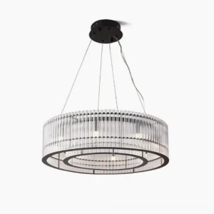 Mossi modern glass chandelier overhead view studio photography showcasing circular black metal frame with vertical clear glass rods