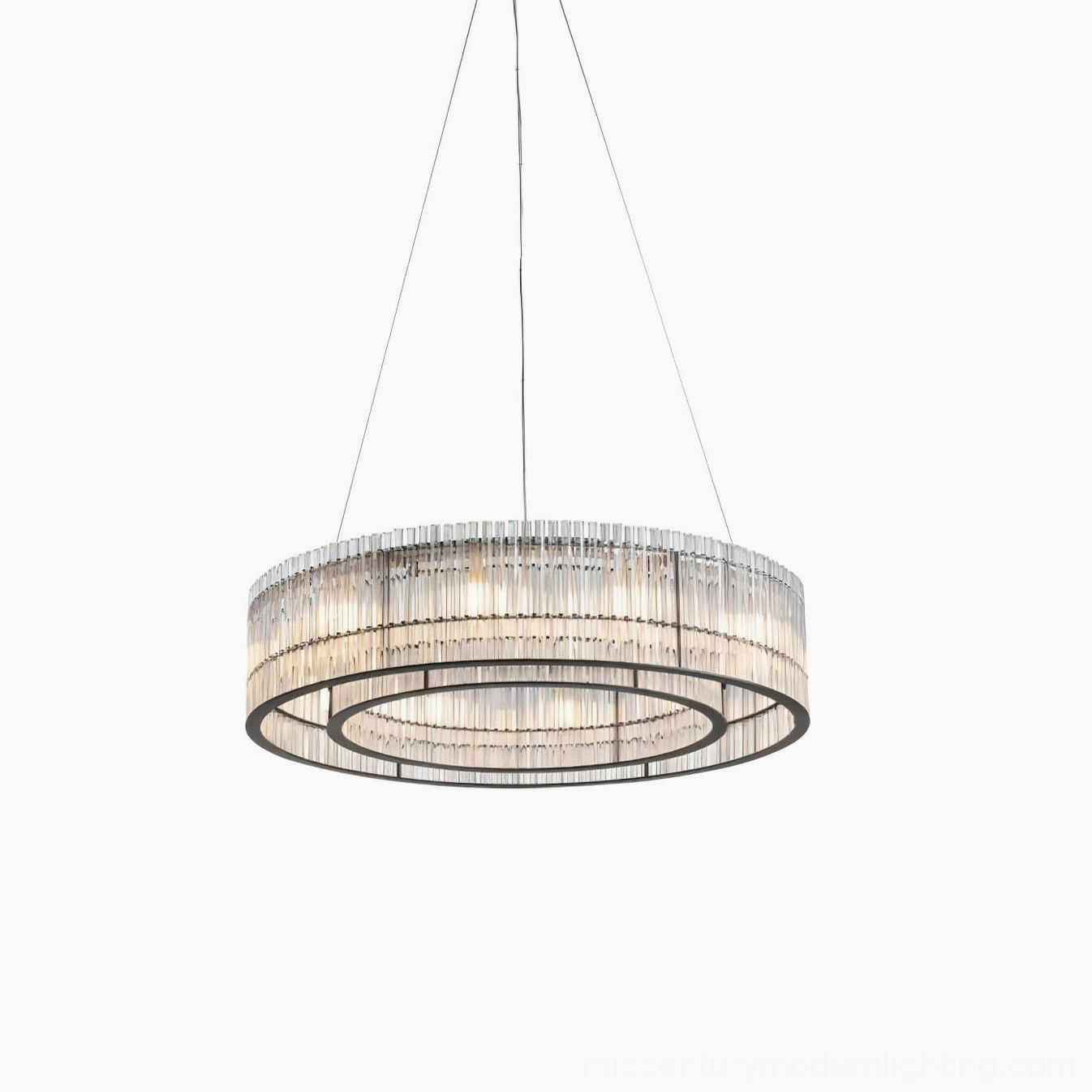 Mossi glass chandelier dark background studio photography black metal finish clear glass rods contemporary pendant lighting