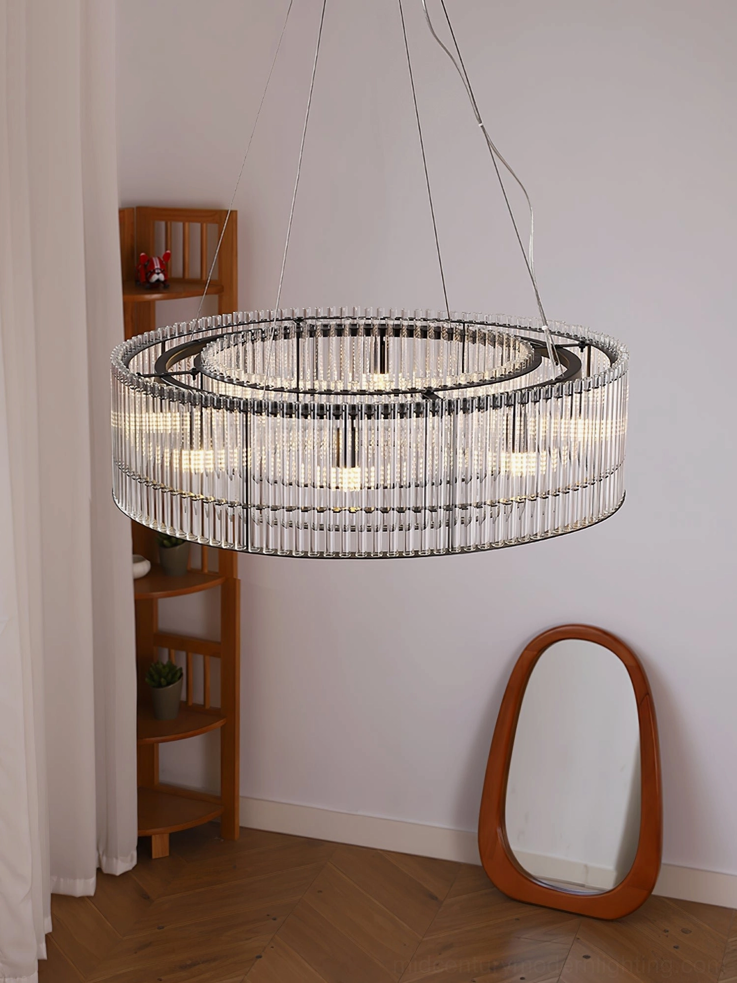 Large Mossi glass chandelier entryway installation three-quarter view wooden shelf oval mirror contemporary luxury black glass design