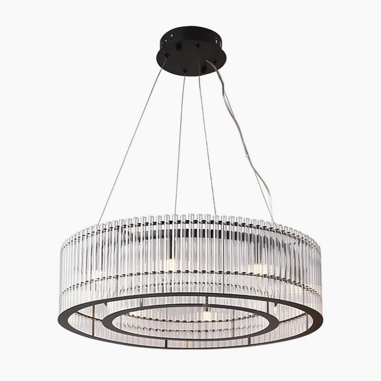 Large Mossi glass chandelier product shot 80cm diameter black metal frame vertical glass rods premium contemporary lighting