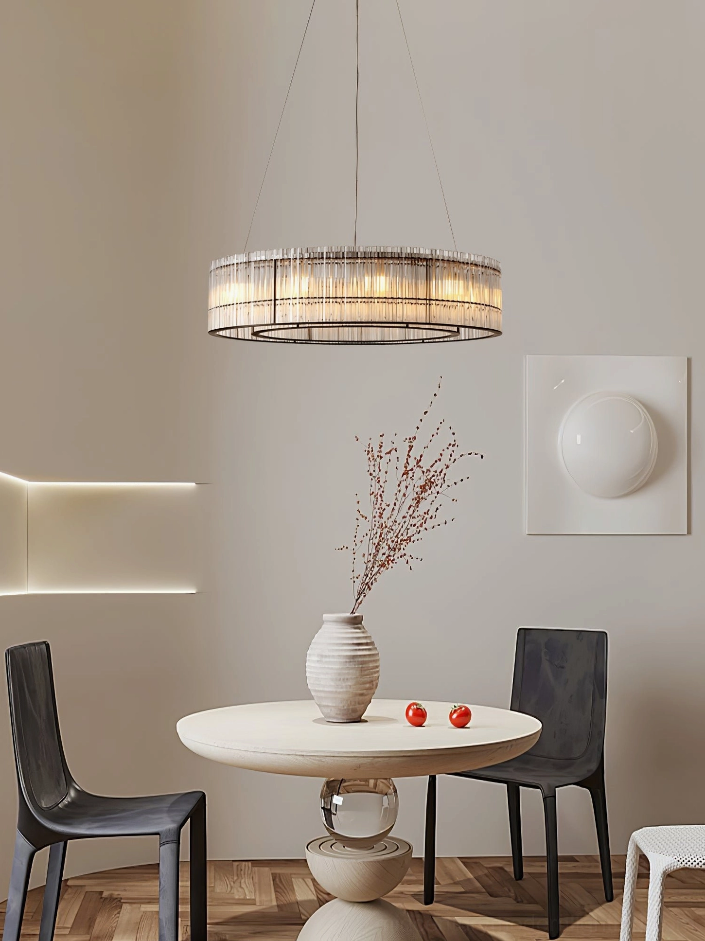 Small Mossi glass pendant chandelier modern dining room eye-level view neutral contemporary lighting minimalist round dining table