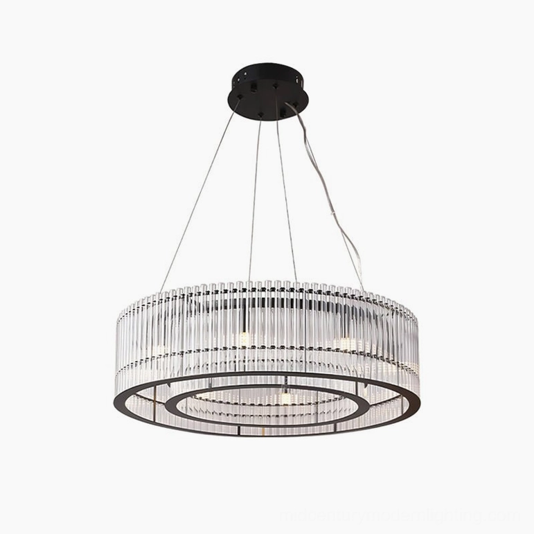 Small Mossi glass chandelier black metal frame clear glass rods premium modern lighting fixture product photography
