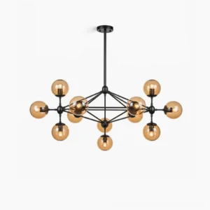 Moto Sputnik chandelier front view with black metal frame and cognac glass globes, industrial minimalist design