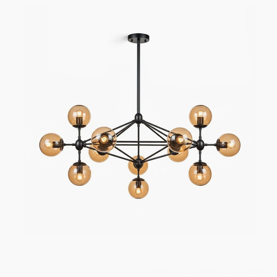 Moto Sputnik chandelier front view with black metal frame and cognac glass globes, industrial minimalist design