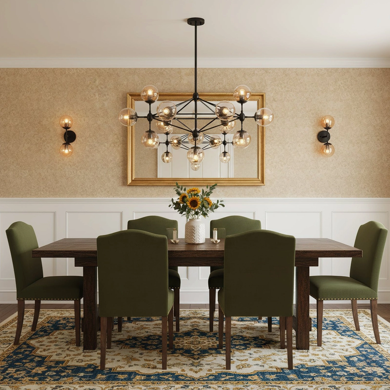 Moto sputnik chandelier in formal traditional dining room with gold mirror and wall sconces