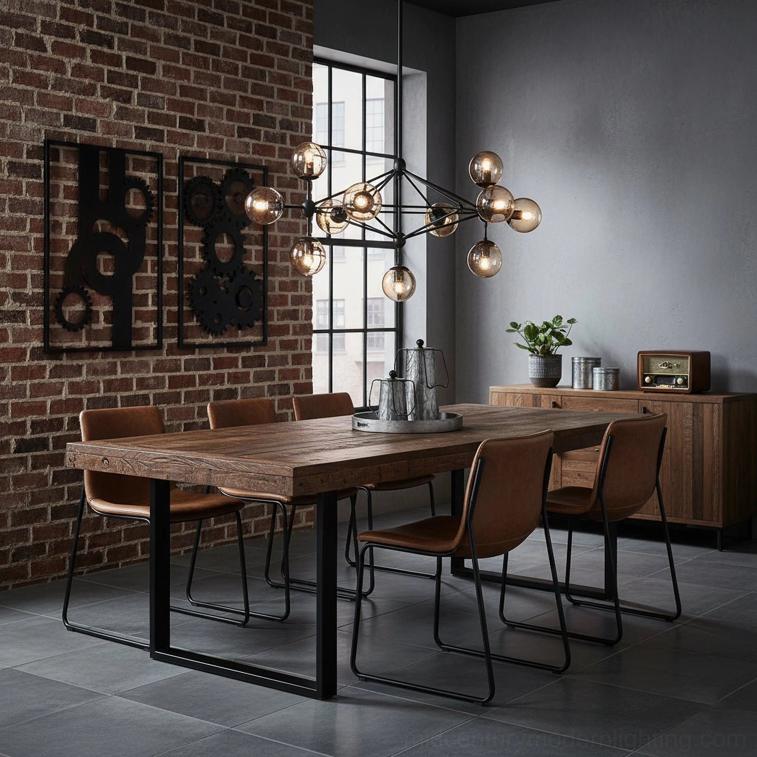Moto sputnik pendant in industrial style dining room with exposed brick wall