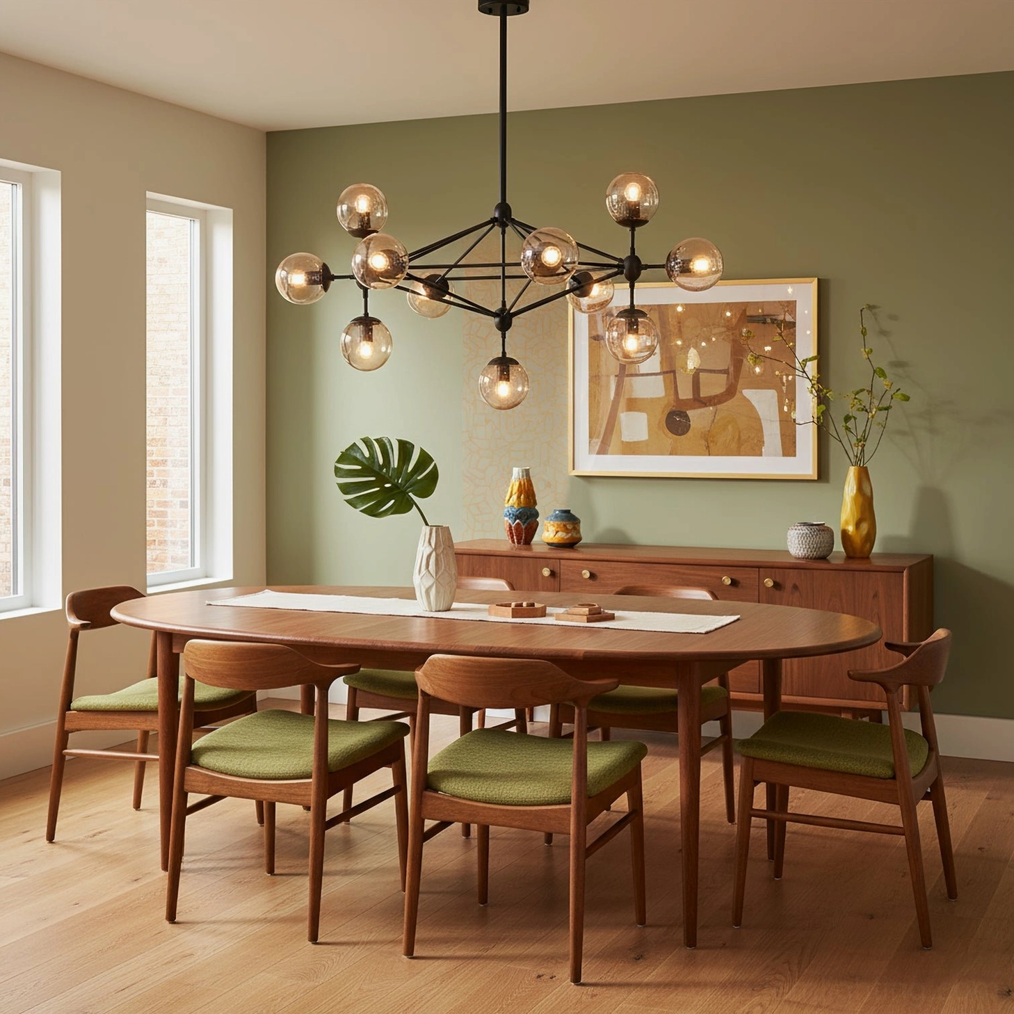 Moto sputnik pendant in mid-century modern dining room with green accent wall and wooden chairs