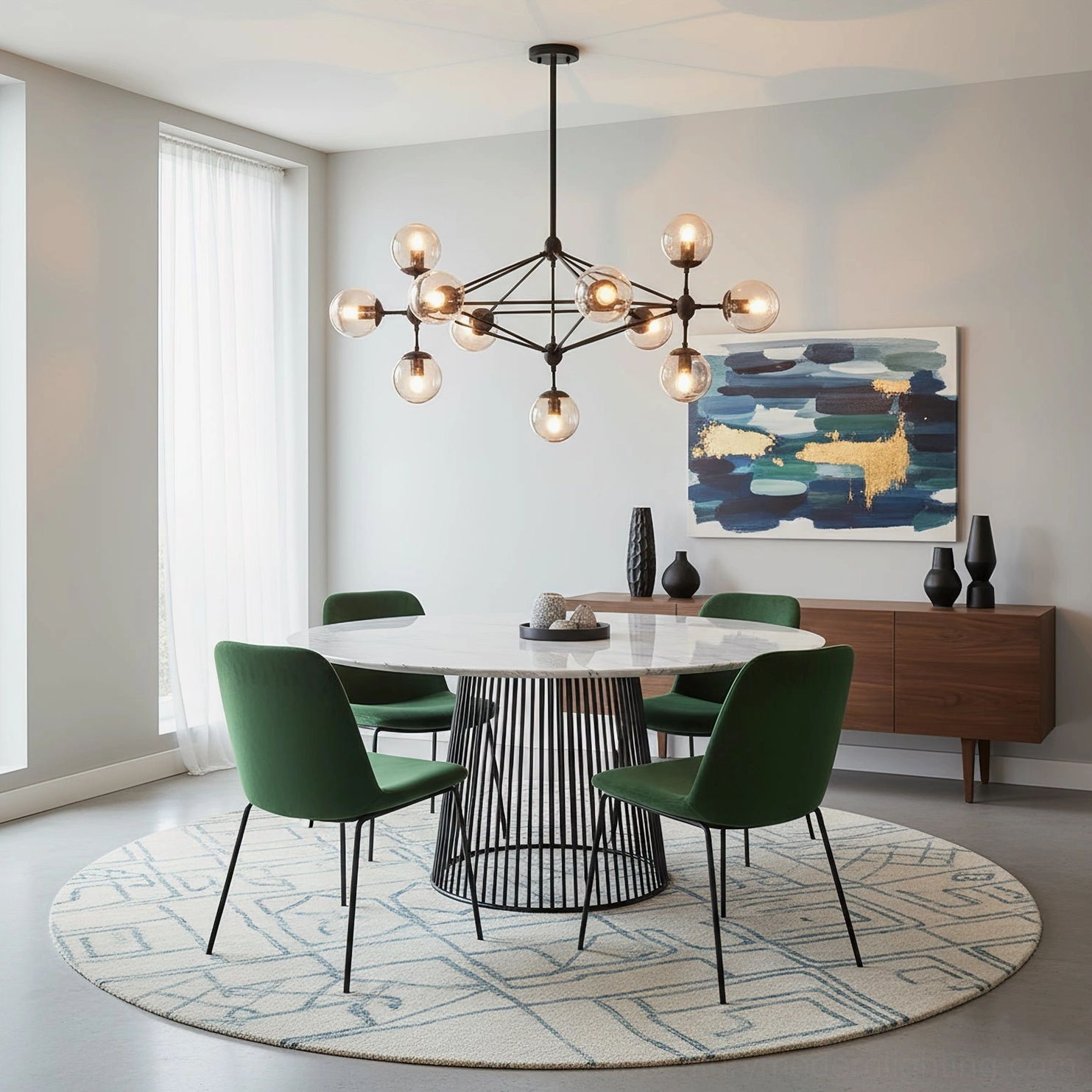 Moto sputnik chandelier above marble dining table with green velvet chairs and area rug
