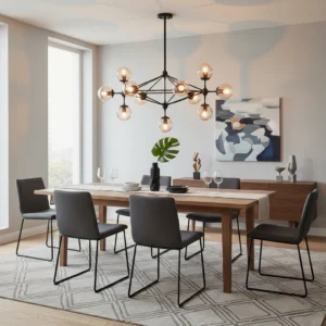 Moto Sputnik pendant light in modern dining room with wooden furniture and abstract wall art