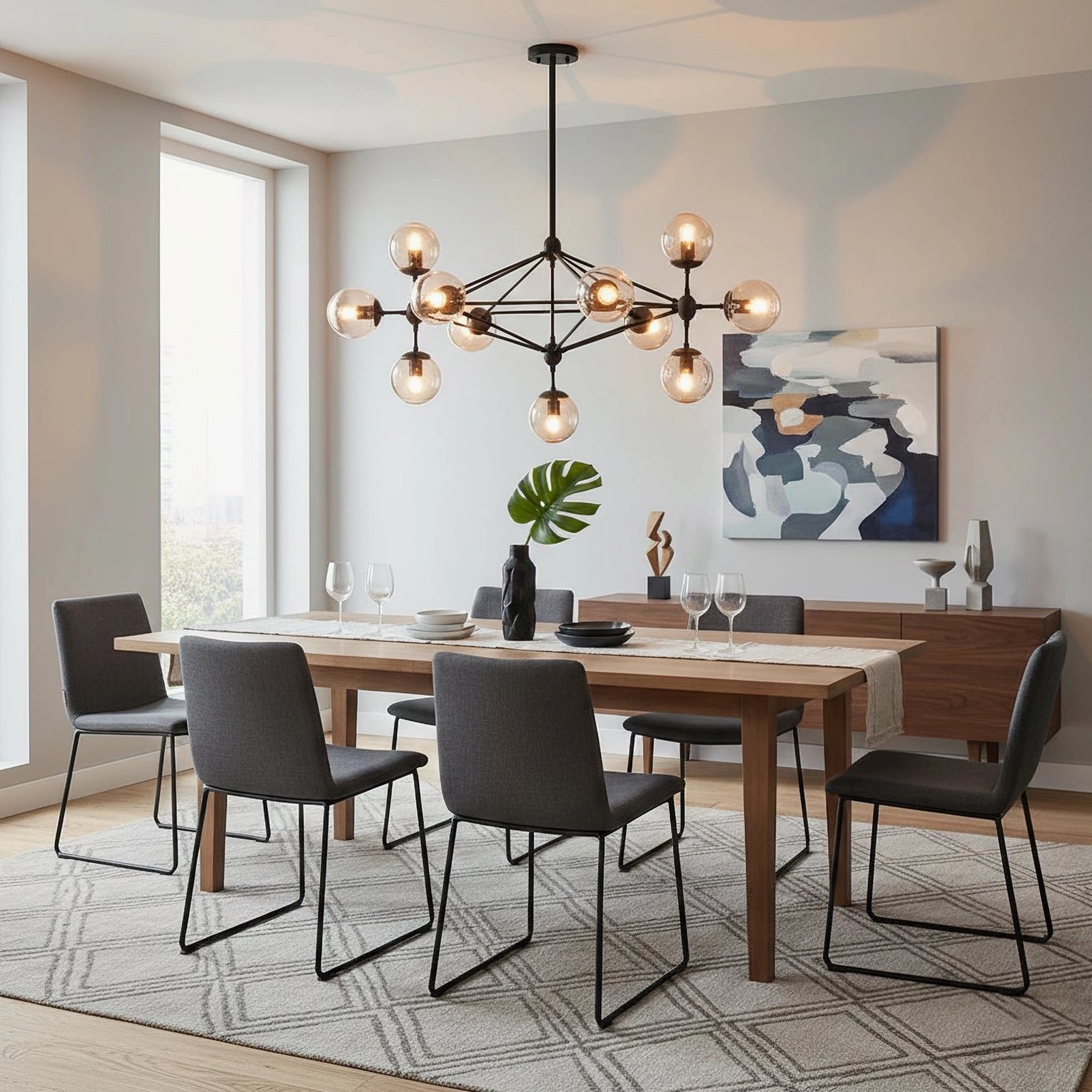 Moto Sputnik pendant light in modern dining room with wooden furniture and abstract wall art