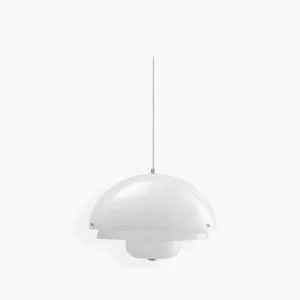 Motown modern pendant lamp with sculptural white dome and handmade steel grid, studio product photography