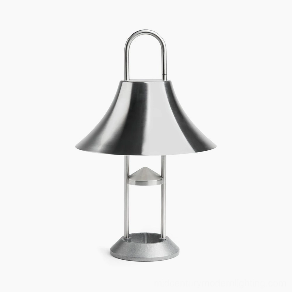 Stainless steel Mousqueton cordless portable lamp with brushed metal finish and weather-proof construction