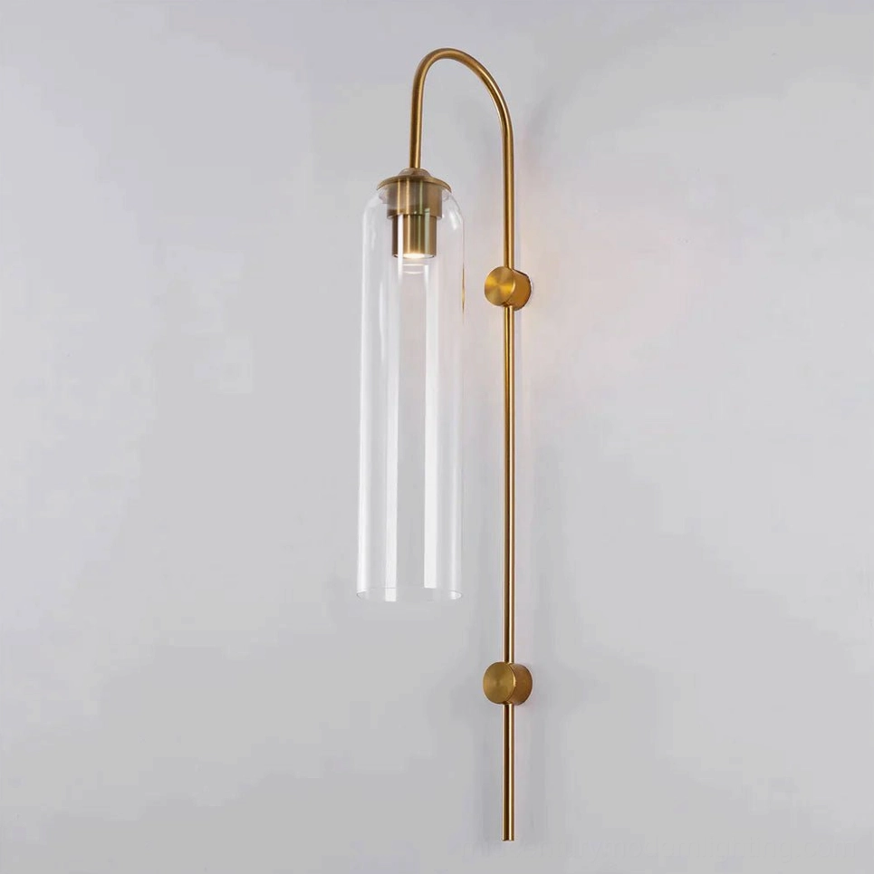 Detail shot of mouth-blown glass cylindrical shade on mid-century modern wall sconce fixture