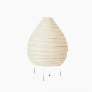 Handcrafted mulberry paper table lamp with organic washi shade and slim black iron frame, studio front view