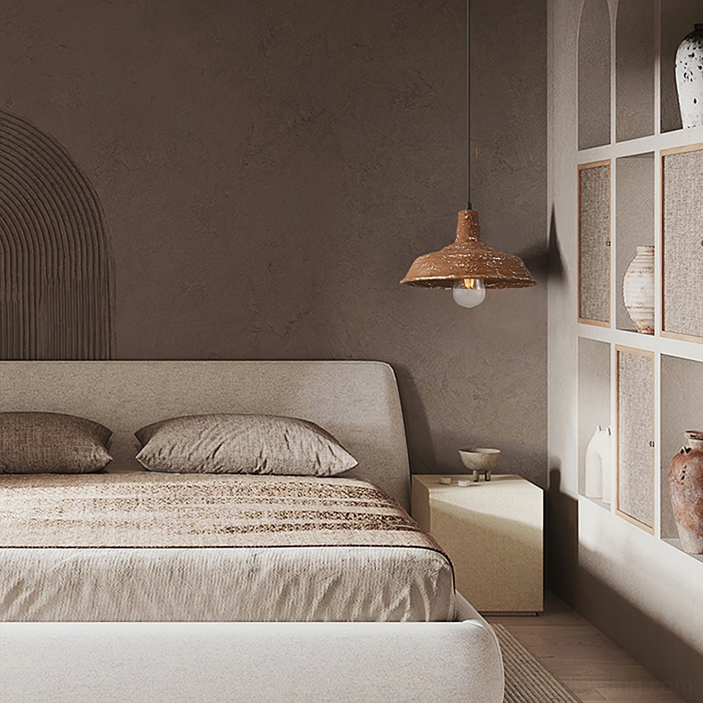 Mulino distressed pendant fixture hanging in minimalist bedroom with neutral tones and soft ambient light