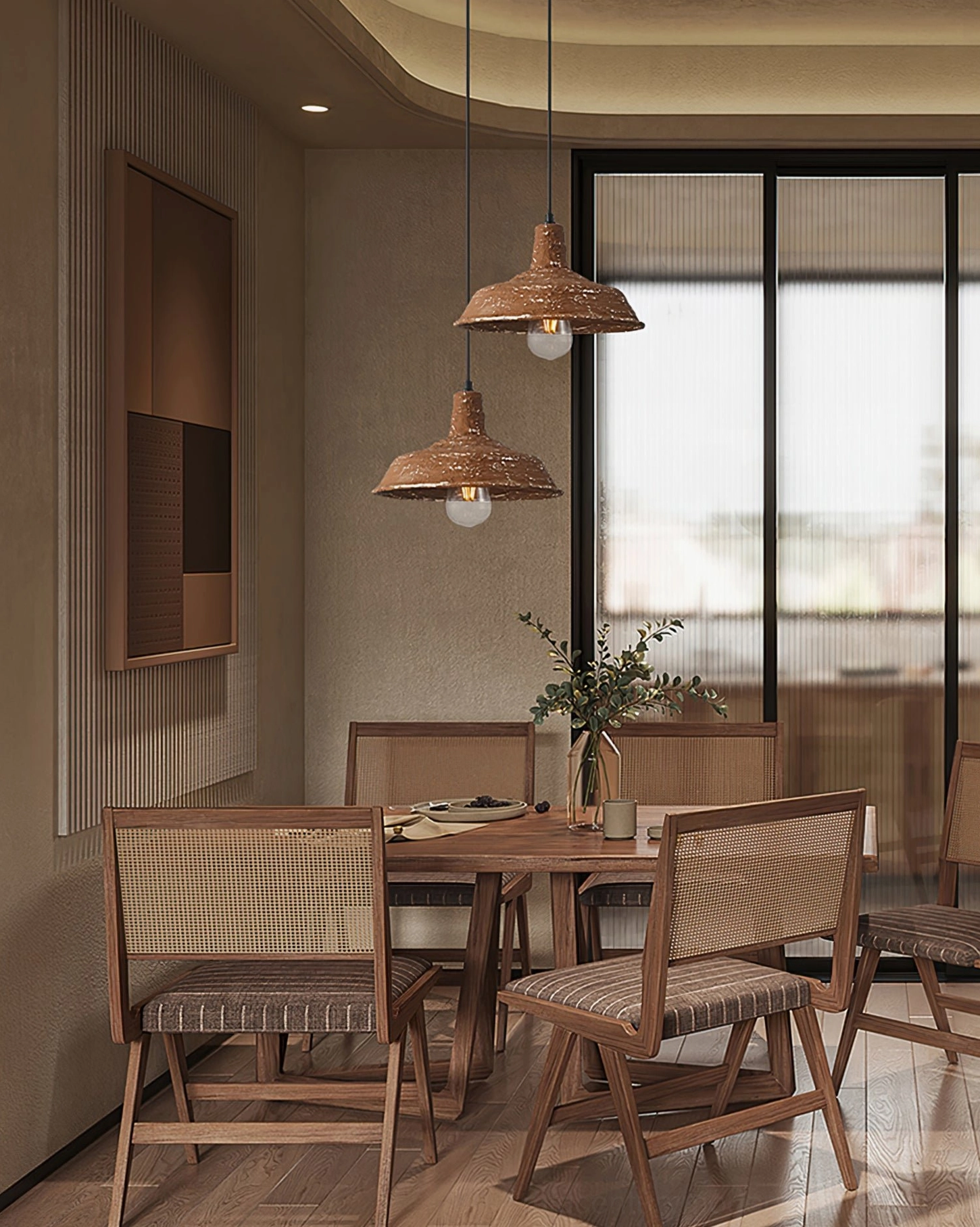 Multiple Mulino rustic pendant lights clustered in bright dining area with large windows and natural daylight