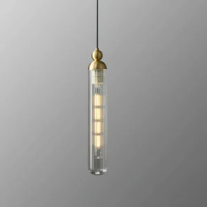 Brass Mullan pendant lamp with ribbed glass shade, minimalist design, frontal view on gray studio background