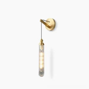 Mullan minimalist wall lamp with brushed brass metal bracket and clear cylindrical glass shade, studio front view