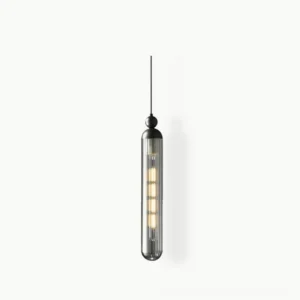 Mullan cylindrical pendant light with smoked gray ribbed glass shade and black metal hardware, studio product shot on white background