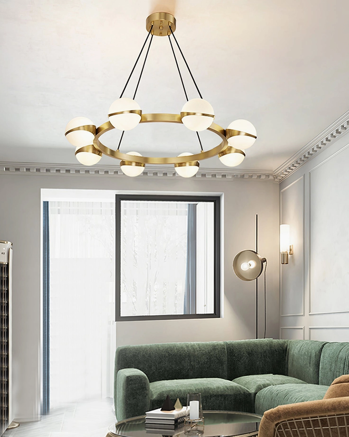 Multi-head brass pendant chandelier, Grand Lustre collection, contemporary minimalist ceiling fixture with glass globes