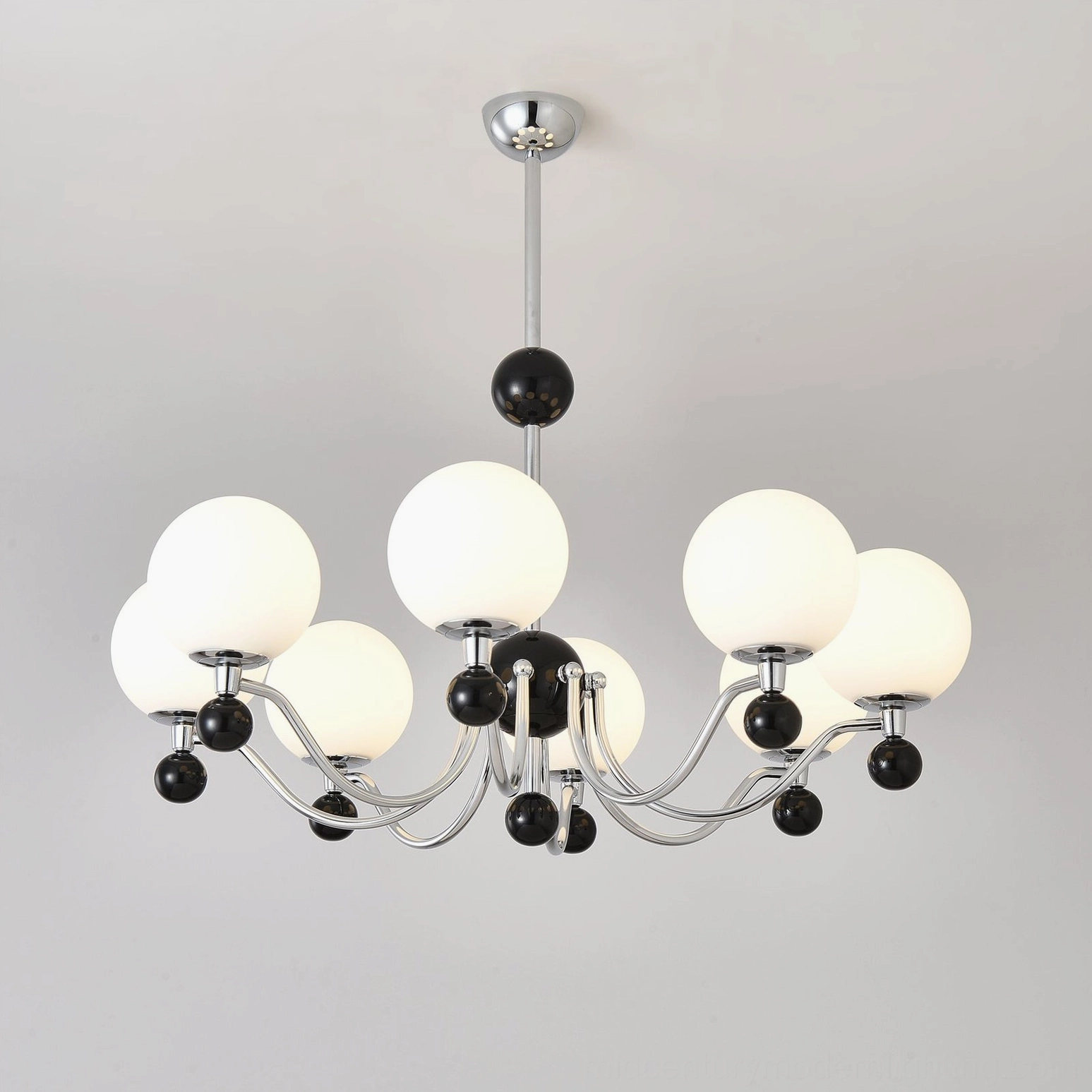Spherical multi-head chandelier in contemporary home interior with neutral tones