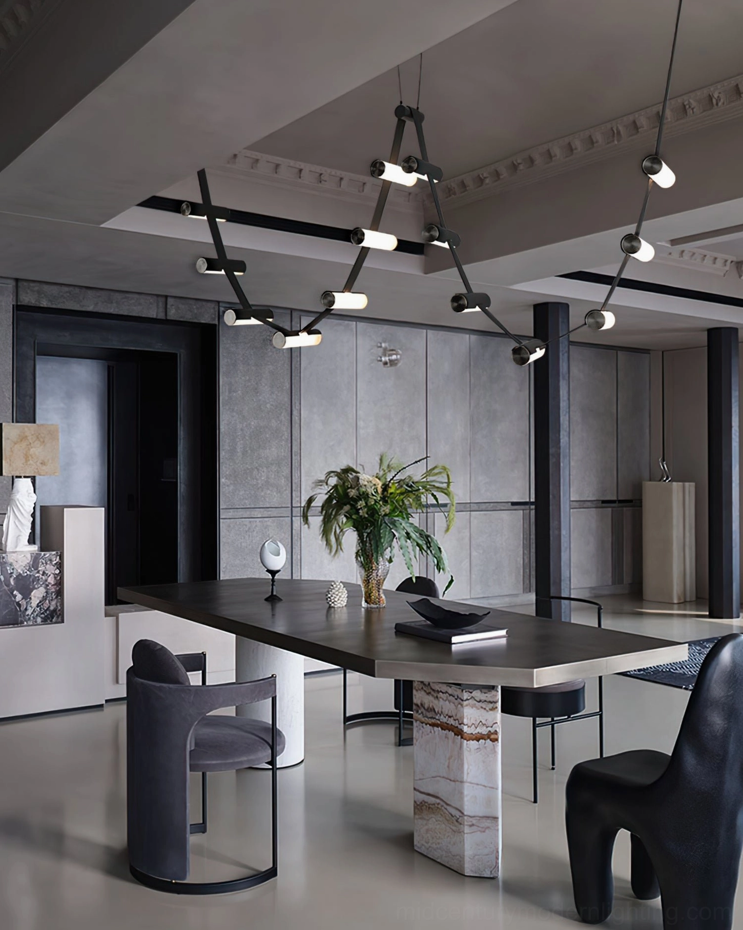 Multi-branch curved pendant chandelier in high-end modern dining room, sleek luxury lighting design with warm glow