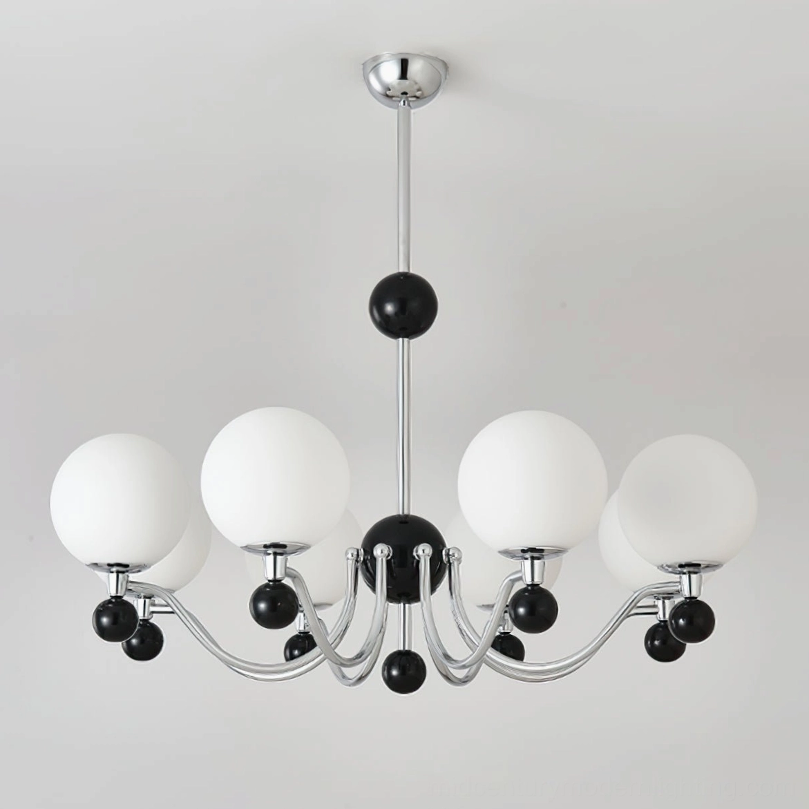 Geometric multi-head chandelier with contrasting materials chrome wood and frosted glass