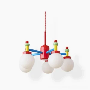 Colorful multi-head pendant light with red, green, yellow and blue glass shades on white background