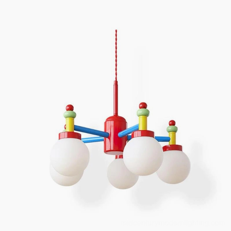 Colorful multi-head pendant light with red, green, yellow and blue glass shades on white background