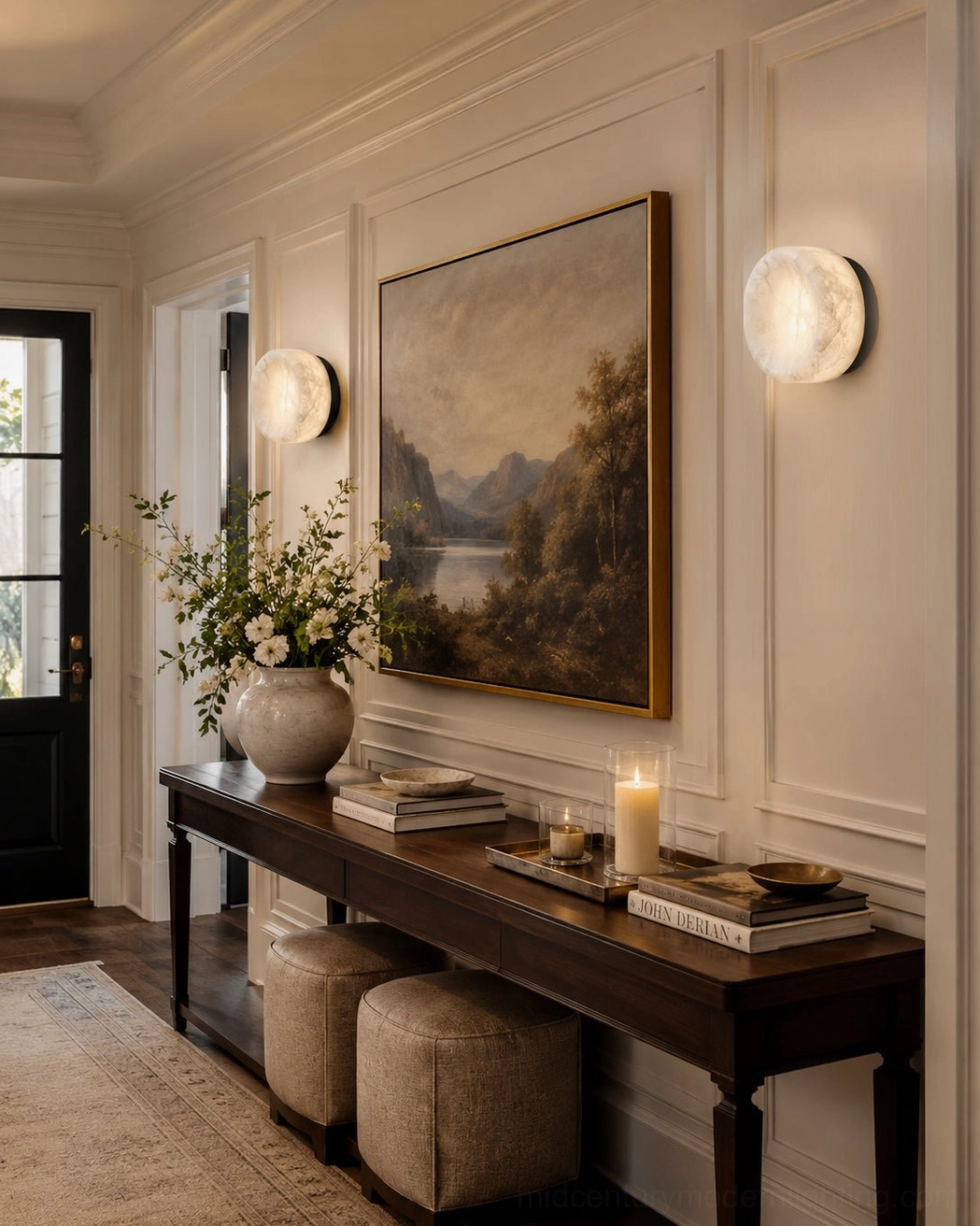 Multiple alabaster sconces creating layered lighting in formal entryway with landscape oil painting and upholstered seating