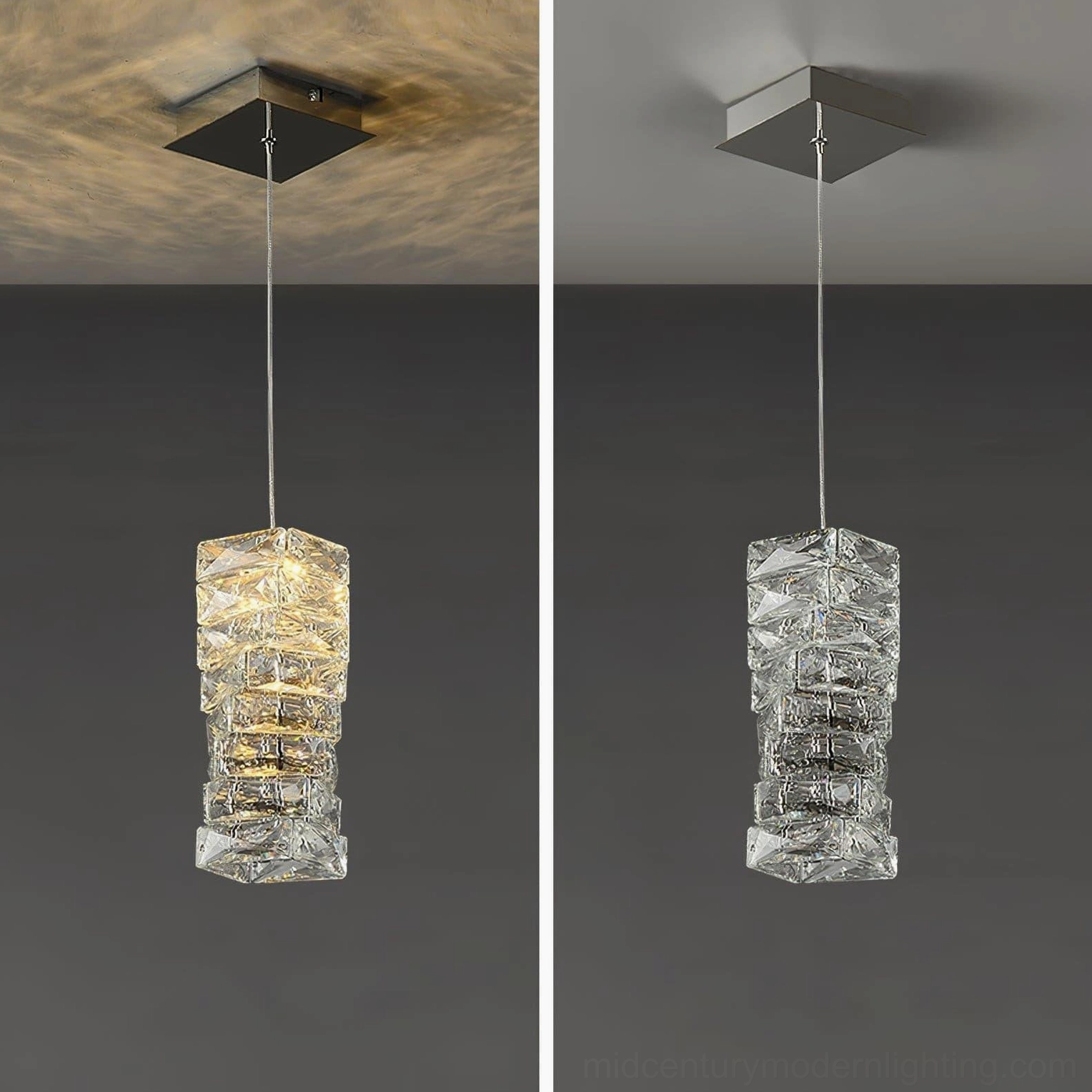 Multiple faceted crystal pendant lights in dining or living space showing warm color temperature lighting option