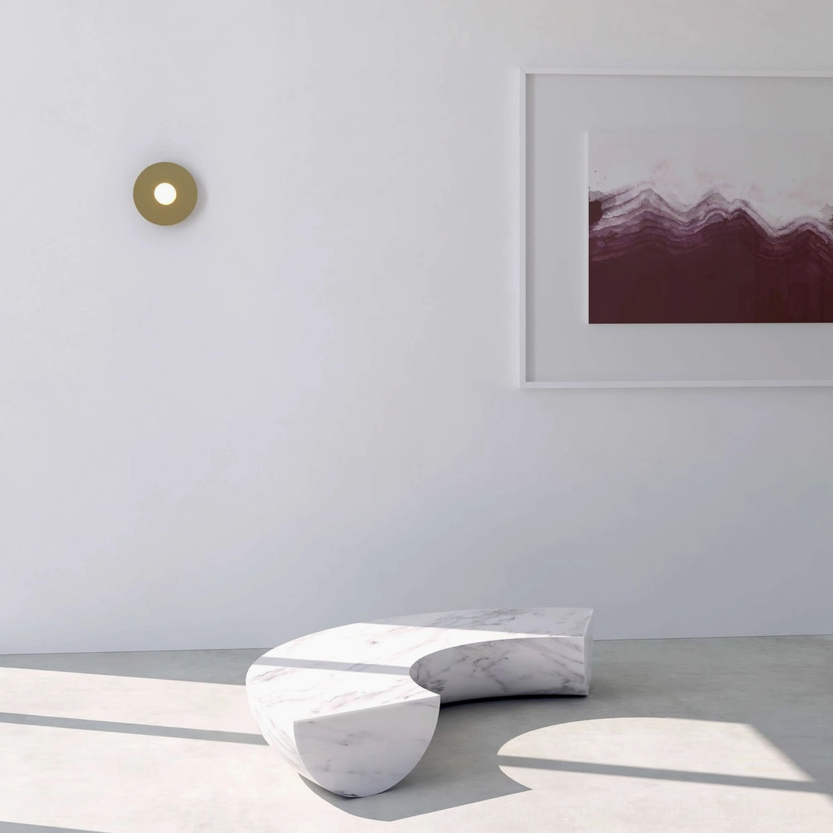 Artistic arrangement of multiple disc and sphere wall sconces in contemporary space