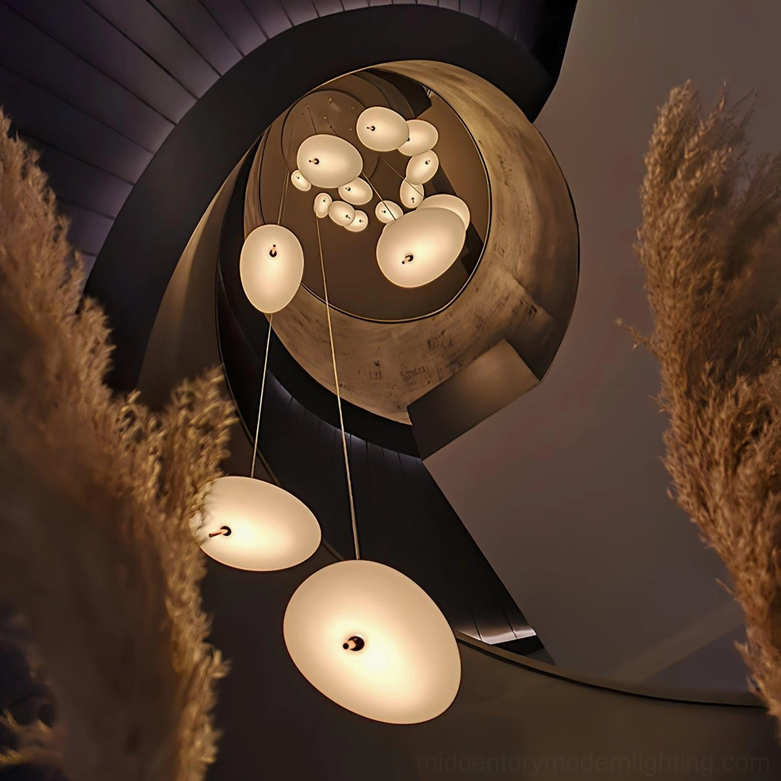 Pebbles pendant light multiple fixtures hanging installation, creating visual rhythm and layered lighting design