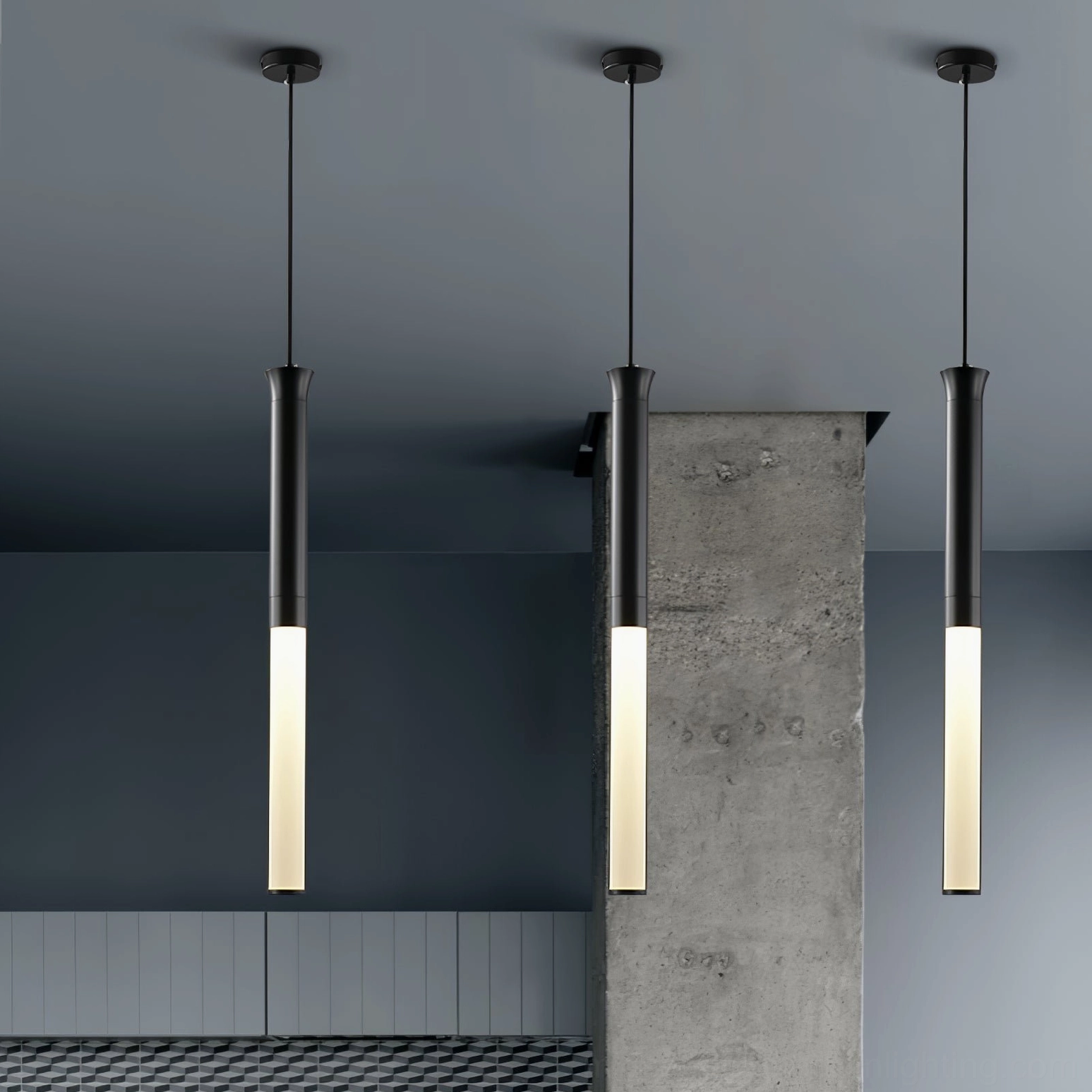 Three Stick LED pendant lights suspended in modern industrial cafe interior design