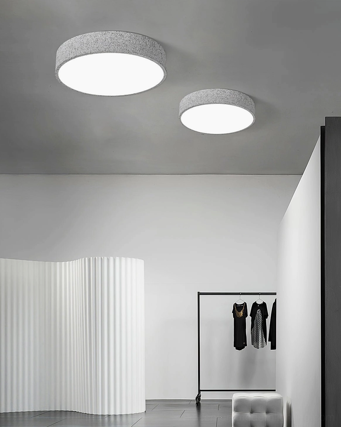 Dual Toren brutalist ceiling lights in minimalist entryway with matching grey fixtures