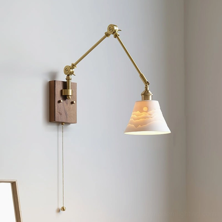 Model C compact murale swing arm wall lamp with walnut base and brass hardware, space-efficient design for small walls