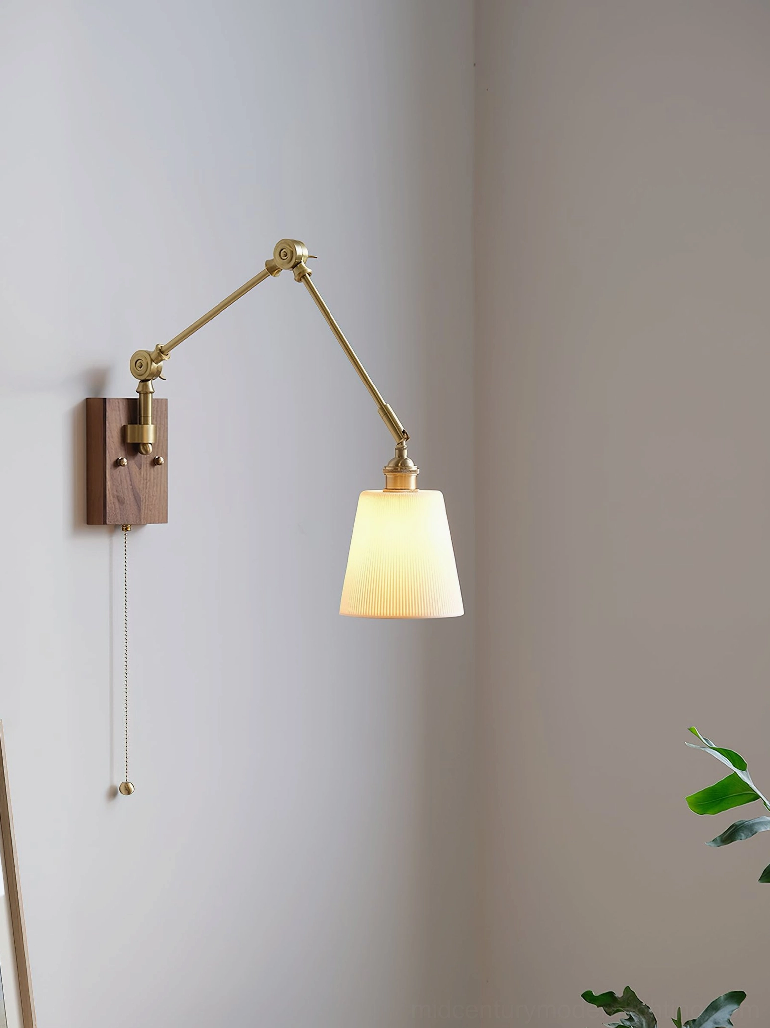 Cylinder fabric shade murale swing arm wall lamp with brass articulation mounted beside minimalist plant decoration