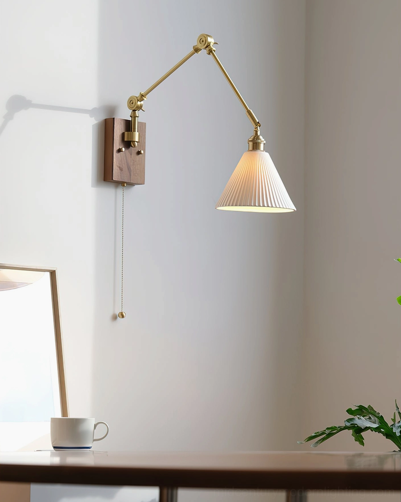 Illuminated murale swing arm wall lamp with ribbed ceramic shade casting warm light in contemporary interior corner