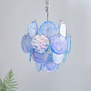 Close-up front view of iridescent blue glass discs with gradient coloring and chrome suspension chain