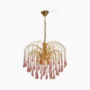 Murano blush glass chandelier with cascading pink teardrop pendants suspended from gold-finished metal arms, full front view against white studio background
